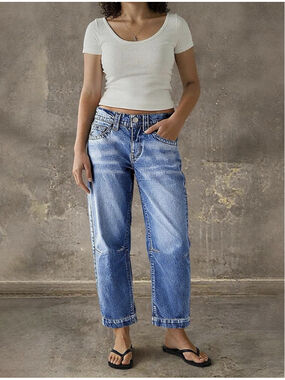 Flamingals Straight Leg Cropped Jeans Women Mid Waist Stitch Detail Casual Denim